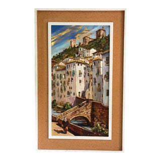 Vintage Spanish Hillside Village Oil Painting by M. Castro, Signed For Sale