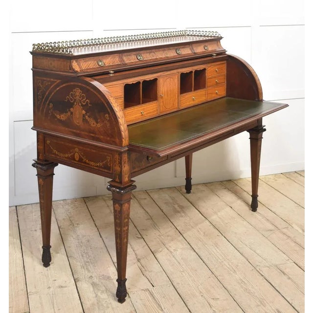 Sheraton Revival Marquetry Inlaid Cylinder Desk For Sale - Image 11 of 18