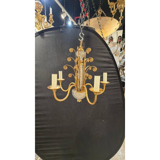 1930s 1930 French Gilt Metal and Crystal Chandelier 5 Lights For Sale - Image 5 of 5