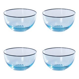 Sicilian 4-Piece Set Swirl Glass Serving Bowls, Aqua with Navy Lip Wrap For Sale