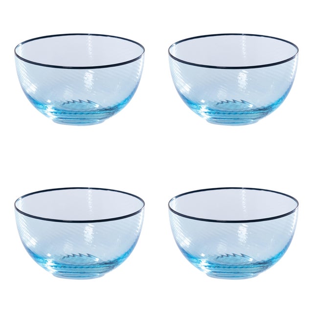 Sicilian 4-Piece Set Swirl Glass Serving Bowls, Aqua with Navy Lip Wrap For Sale