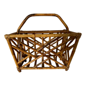 Mid 20th Century Vintage Burnt Bamboo & Rattan Chippendale Magazine Rack