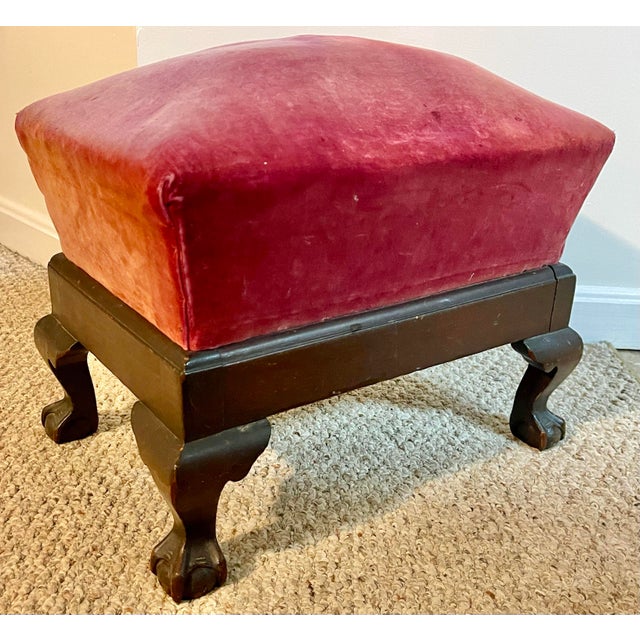 Antique American Empire Classical Mahogany Footstool W/ Pink Velvet For Sale - Image 4 of 10