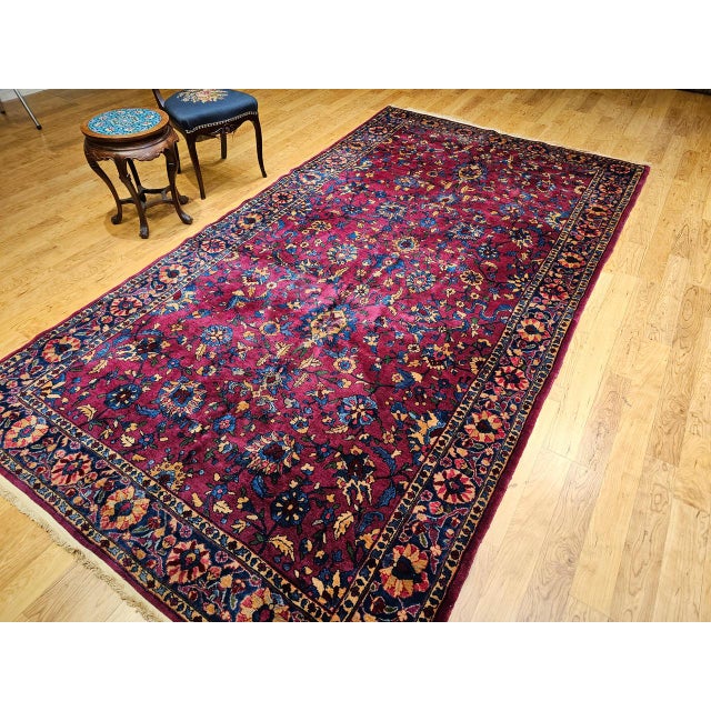 Vintage Persian Manchester Kashan Gallery Rug, Hand-Knotted Wool, Geometric Pattern, 6x12, Crimson Red & Blue For Sale - Image 10 of 18