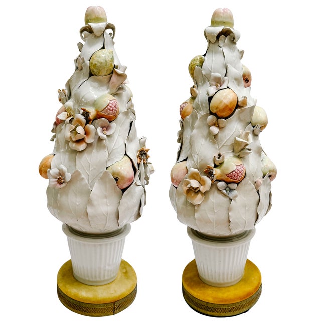 Mid-Century Italian Porcelain Pastel Fruit Topiaries & Table Lamp Conversions by Ardalt For Sale
