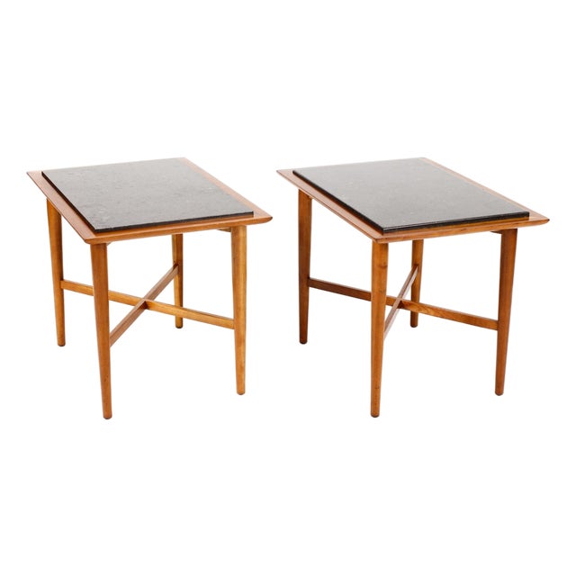 Mid Century Vintage Side / End Tables — Designed attributed to Milo Baughman - Manufactured by Fine Art Furniture Co— Cherry Frame + Slate — Pair For Sale
