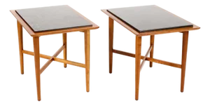 Mid Century Vintage Side / End Tables — Designed attributed to Milo Baughman - Manufactured by Fine Art Furniture Co— Cherry Frame + Slate — Pair