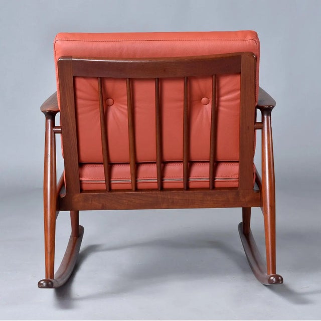 Wood Restored 1950's Danish Teak Rocking Chair in Terra Cotta Leather by Moreddi For Sale - Image 7 of 11