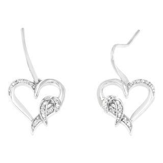 Sterling Silver Round Cut Diamond Heart Dangle Earrings (0.09 cttw, H-I Color, I1-I2 Clarity) For Sale