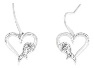 Sterling Silver Round Cut Diamond Heart Dangle Earrings (0.09 cttw, H-I Color, I1-I2 Clarity)