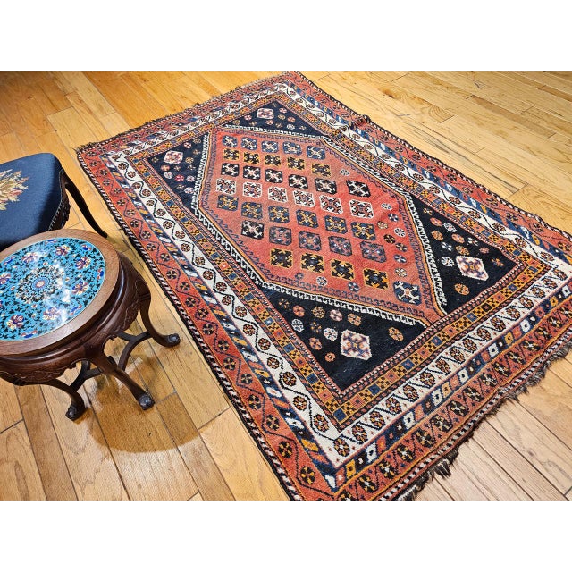 Textile Vintage Persian Qashqai Tribal Area Rug, Hand-Knotted Wool, Geometric Pattern, 5x7, Rust & Navy For Sale - Image 7 of 16