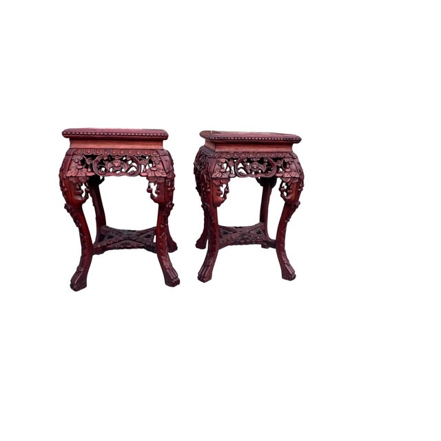 Wood Antique Carved Asian Marble Top Chinese Stands a Pair For Sale - Image 7 of 12