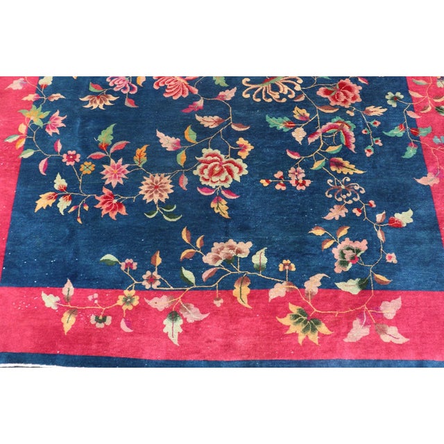 Early 20th Century Blue Background Chinese Art Deco Rug With Large Vining Flowers and Leaves For Sale - Image 10 of 12