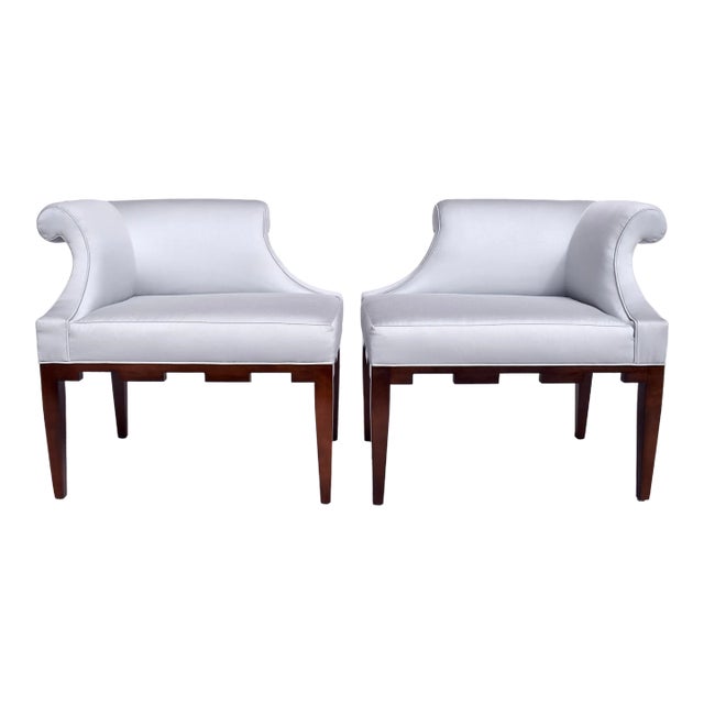 Baker Furniture Castle Corner Chairs, Walnut, Upholstery, Modern Usa For Sale