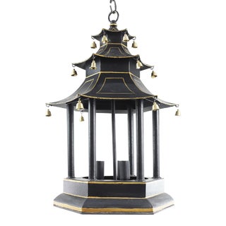 Chinese Style Two-Story Pagoda Chandelier With Black Traced Gold Line For Sale