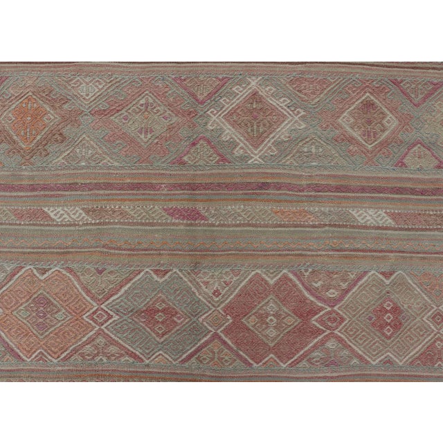 Colorful Vintage Embroidered Kilim With Stripes and Alternating Geometric Motifs 6'9 X 9'3 For Sale - Image 4 of 13