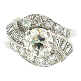 1950's 14k White Gold 1.46ct Old European Cut Diamond Bypass Ring, Size 6 For Sale