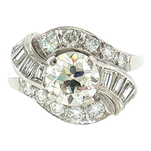 1950's 14k White Gold 1.46ct Old European Cut Diamond Bypass Ring, Size 6 For Sale