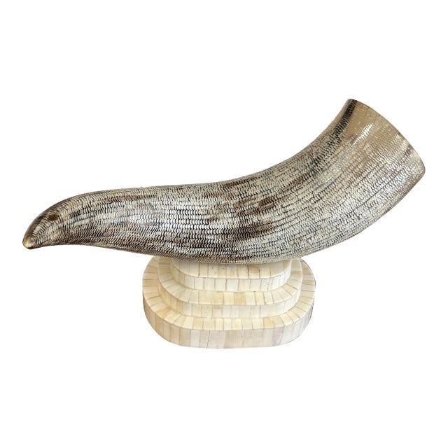 1980s Carved Etched Horn Mounted on a Tessellated Bone Base For Sale