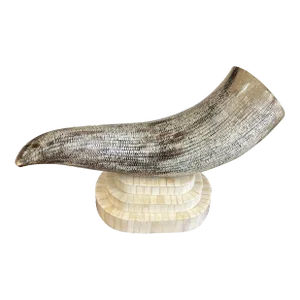 1980s Carved Etched Horn Mounted on a Tessellated Bone Base