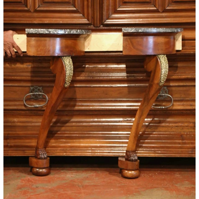 Wood Pair of Early 19th Century French Empire Walnut and Marble Top Wall Consoles For Sale - Image 7 of 13