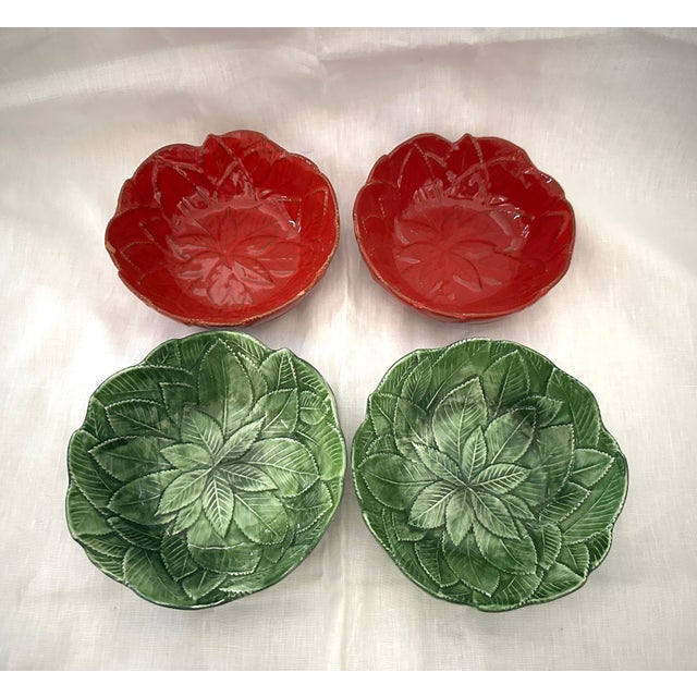 Rustic European Vietri Foglia Leonardo Majolica Leaf Bowls, Red/Green-a Set For Sale - Image 3 of 5