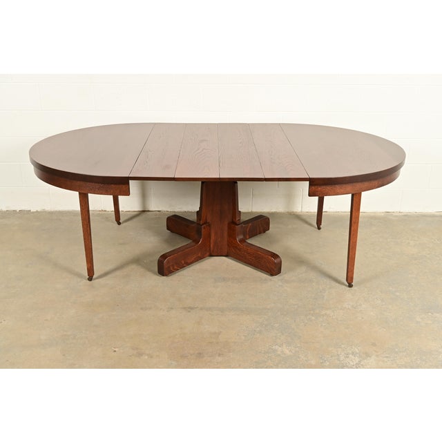 Wood Gustav Stickley Style Antique Mission Oak Arts & Crafts Pedestal Extension Dining Table, Newly Refinished For Sale - Image 7 of 12