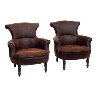 Ralph Lauren Style Distressed Leather Club Chairs, Pair For Sale