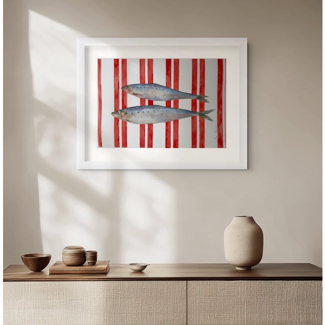 2020s “Sardinelles on Red” Original Impressionistic Watercolor Colored Pencils on Paper Fish Still Life by Anna Novick For Sale - Image 5 of 12