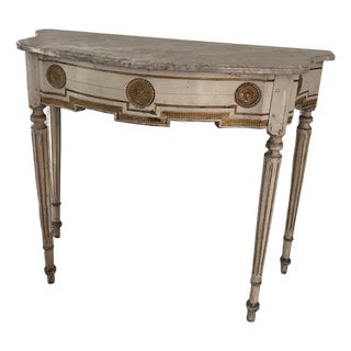 Antique French Louis XVI Style Cream and Gilt Paint-Decorated Marble Top Demilune Console Table For Sale