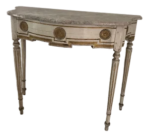 Antique French Louis XVI Style Cream and Gilt Paint-Decorated Marble Top Demilune Console Table