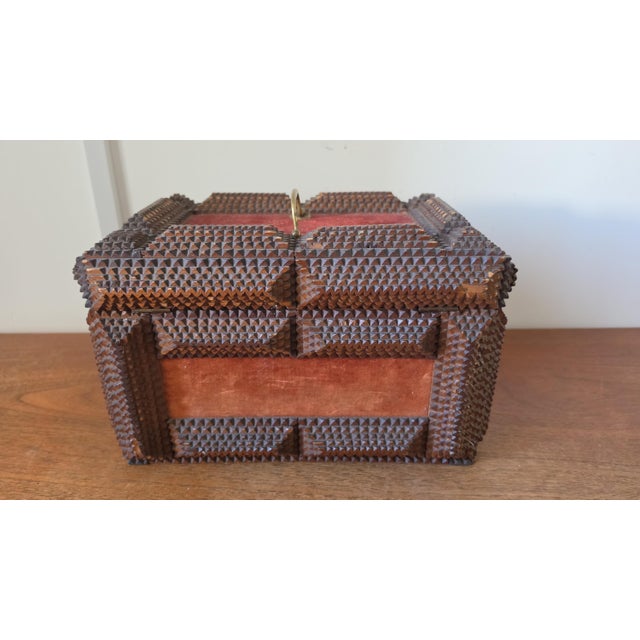 Chocolate Antique Tramp Art Wooden Box, Hand Carved Folk Art Chest, Chip Carved Jewelry Box, Rustic Primitive Storage, Collectible Decor For Sale - Image 8 of 17