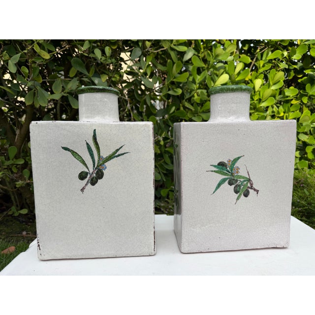 Late 19th Century Antique Hand-Painted Olive Motif Crackle Glazed Pottery Vessels, Pair For Sale - Image 5 of 14