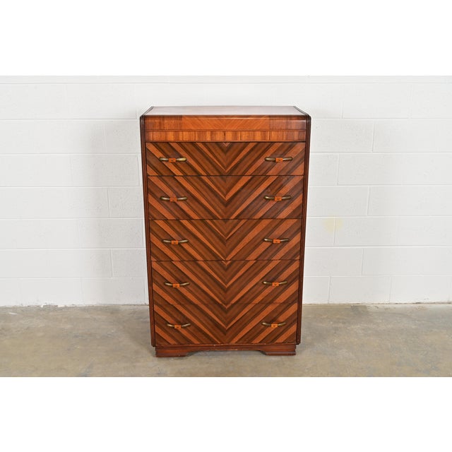 Art Deco Donald Deskey Style Antique Art Deco Inlaid Walnut Waterfall Highboy Dresser or Chest of Drawers, Circa 1930s For Sale - Image 3 of 12