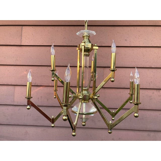 Mid Century Modern Lightolier Style Brass and Lucite Angular 9 Arm Chandelier For Sale - Image 6 of 9