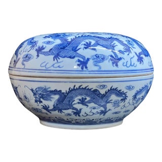Vintage Jingdezhen Blue and White Dragon Pattern Porcelain Sweetmeat Container / Five Dragon Multi Design Porcelain Bowl With Lid For Sale