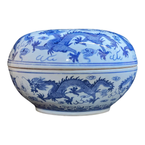 Vintage Jingdezhen Blue and White Dragon Pattern Porcelain Sweetmeat Container / Five Dragon Multi Design Porcelain Bowl With Lid