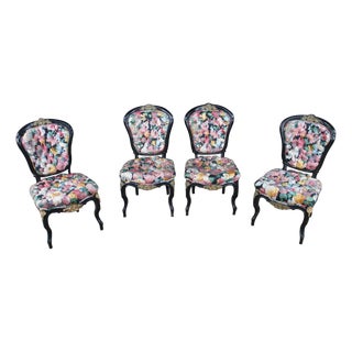 4 Antique French Louis XV Style Ebonized Dining Chairs Boussac Fabric Ormolu For Sale