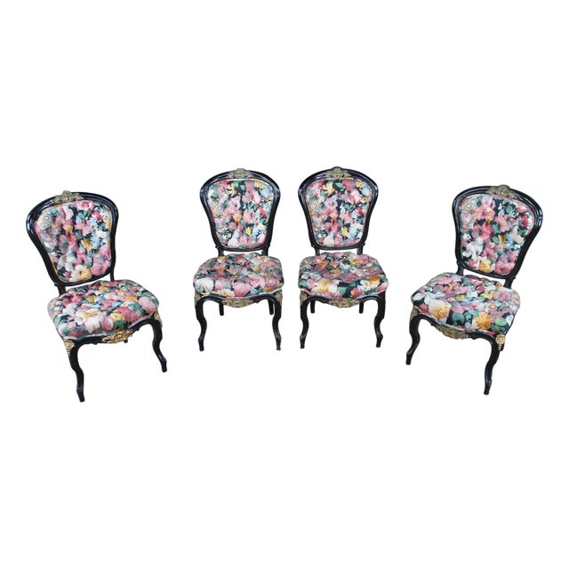 4 Antique French Louis XV Style Ebonized Dining Chairs Boussac Fabric Ormolu For Sale