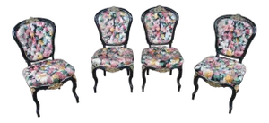 4 Antique French Louis XV Style Ebonized Dining Chairs Boussac Fabric Ormolu