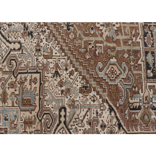 Persian Antique Heriz Rug With Geometric Design in Blue's, Tan, Cream, and Brown 11'5 X 14'7 For Sale - Image 14 of 17