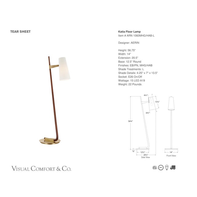 AERIN by Visual Comfort Signature Katia Floor Lamp in Mahogany and Hand-Rubbed Antique Brass with Linen Shade Designer:...