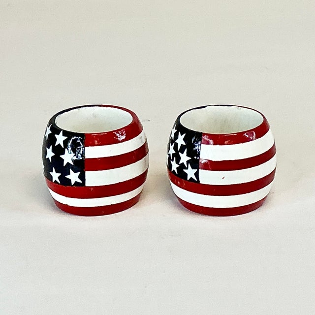 Vintage Americana Arts & Crafts Boho Chic Painted Wood Flag Motif Napkin Rings - Set of 6 - 4th of July For Sale - Image 4 of 14