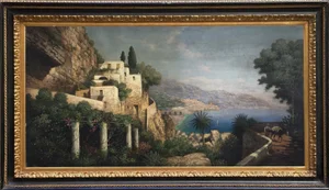 Coast Landscape Painting, Posillipo School, Italy, Oil on Canvas, Framed