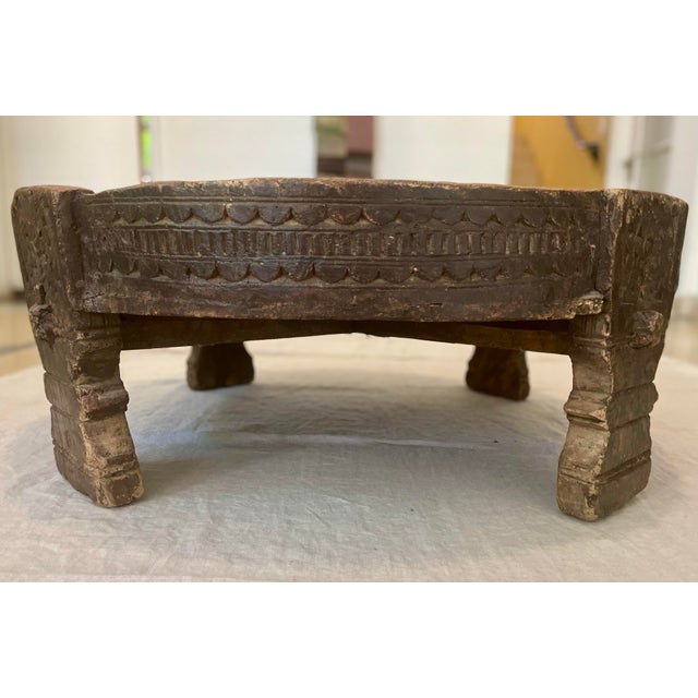 Large Antique Grinder Tribal Teak Hand Carved Wood Chakki Table or Ottoman For Sale - Image 11 of 12