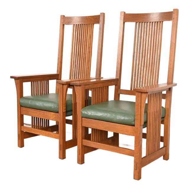 Stickley Mission Oak Arts & Crafts Spindle High Back Arm Chairs, Pair For Sale