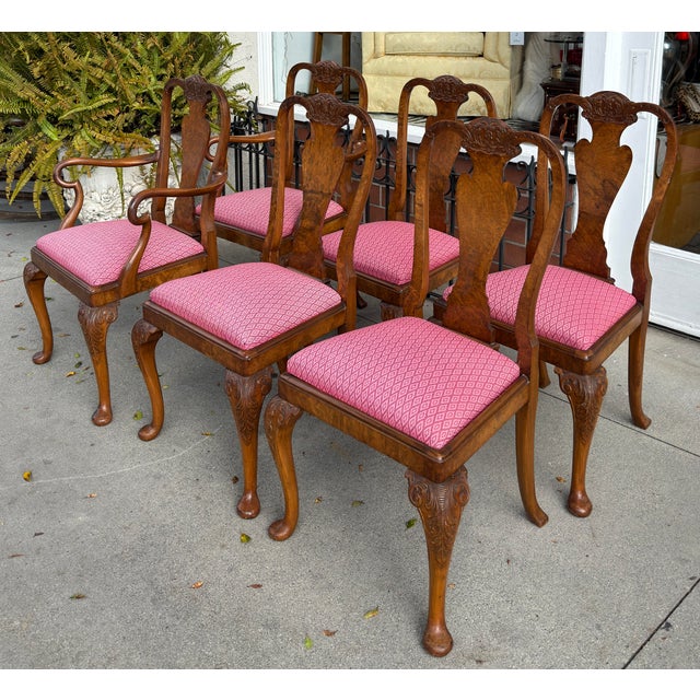 Set of 6 Antique 19c Queen Anne Style Carved Burl Walnut Dining Chairs For Sale - Image 4 of 5