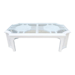 Vintage Chinoiserie Glass Top White Chippendale Bamboo Regency Coffee Table