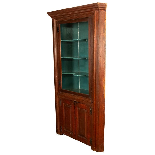 Traditional Antique American Painted Pine Federal Country Corner Cabinet Pennsylvania 1820 For Sale - Image 3 of 16