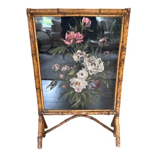 Early 20th Century Late Victorian Bamboo and Painted Glass Firescreen For Sale